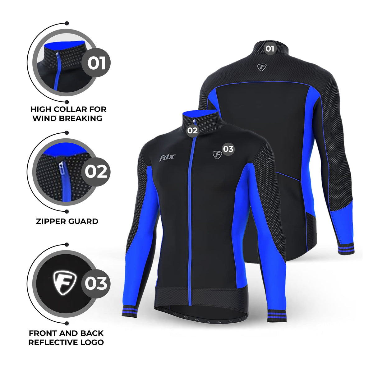 Fdx Mens Blue Long Sleeve Cycling Jersey for Winter Roubaix Thermal Fleece Road Bike Wear Top Full Zipper, Pockets & Hi-viz Reflectors - Thermodream
