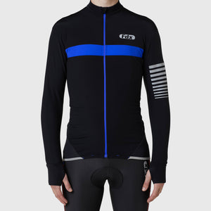 Fdx Mens Black & Blue Full Sleeve Cycling Jersey & Gel Padded Bib Tights Pants for Winter Roubaix Thermal Fleece Road Bike Wear Windproof, Hi-viz Reflectors & Pockets - All Day