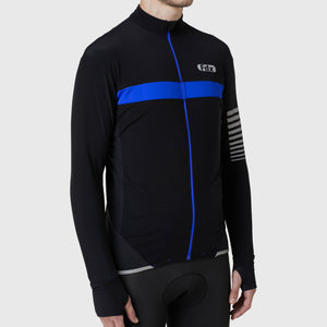 Fdx Mens Black & Blue Long Sleeve Cycling Jerseys & Gel Padded Bib Tights Pants for Winter Roubaix Thermal Fleece Road Bike Wear Windproof, Hi-viz Reflectors & Pockets - All Day