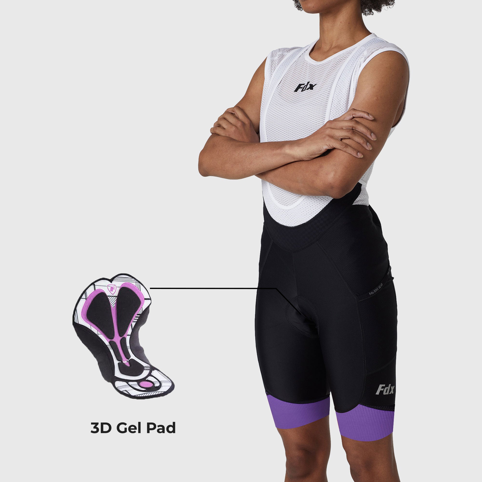 Fdx Womens Black & Purple Gel Padded Cycling Bib Shorts For Summer Best Breathable Outdoor Road Bike Short Length Bib - Essential