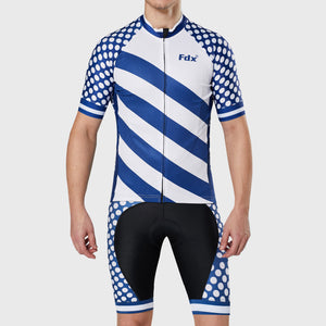 Fdx Mens White & Blue Half Sleeve Cycling Jersey & Gel Padded Bib Shorts Best Summer Road Bike Wear Light Weight, Hi-viz Reflectors & Pockets - Equin