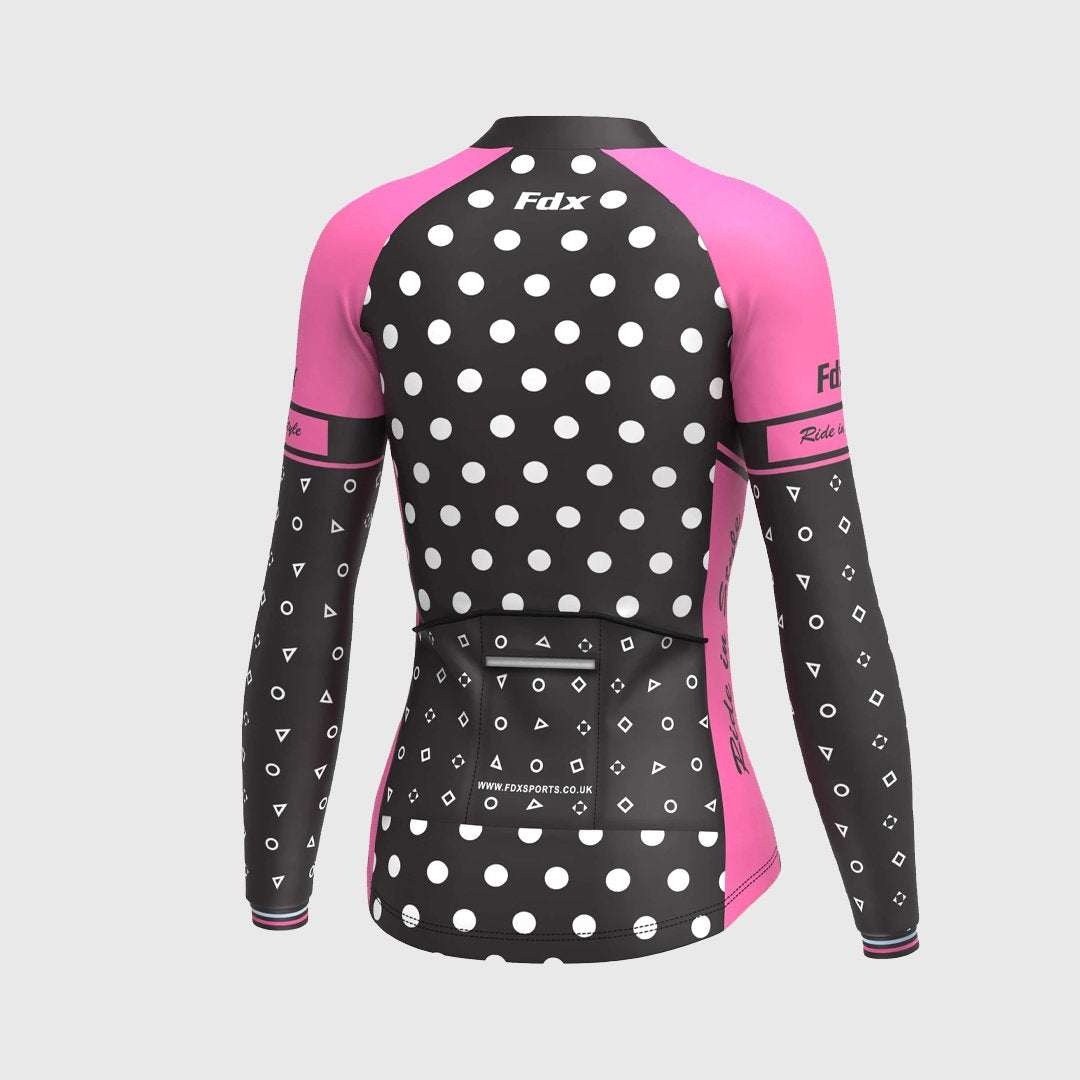Fdx Women's Black & Pink Long Sleeve Cycling Jersey & Gel Padded Bib Tights Pants for Winter Roubaix Thermal Fleece Road Bike Wear Windproof, Hi-viz Reflectors & Pockets - Polka Dots