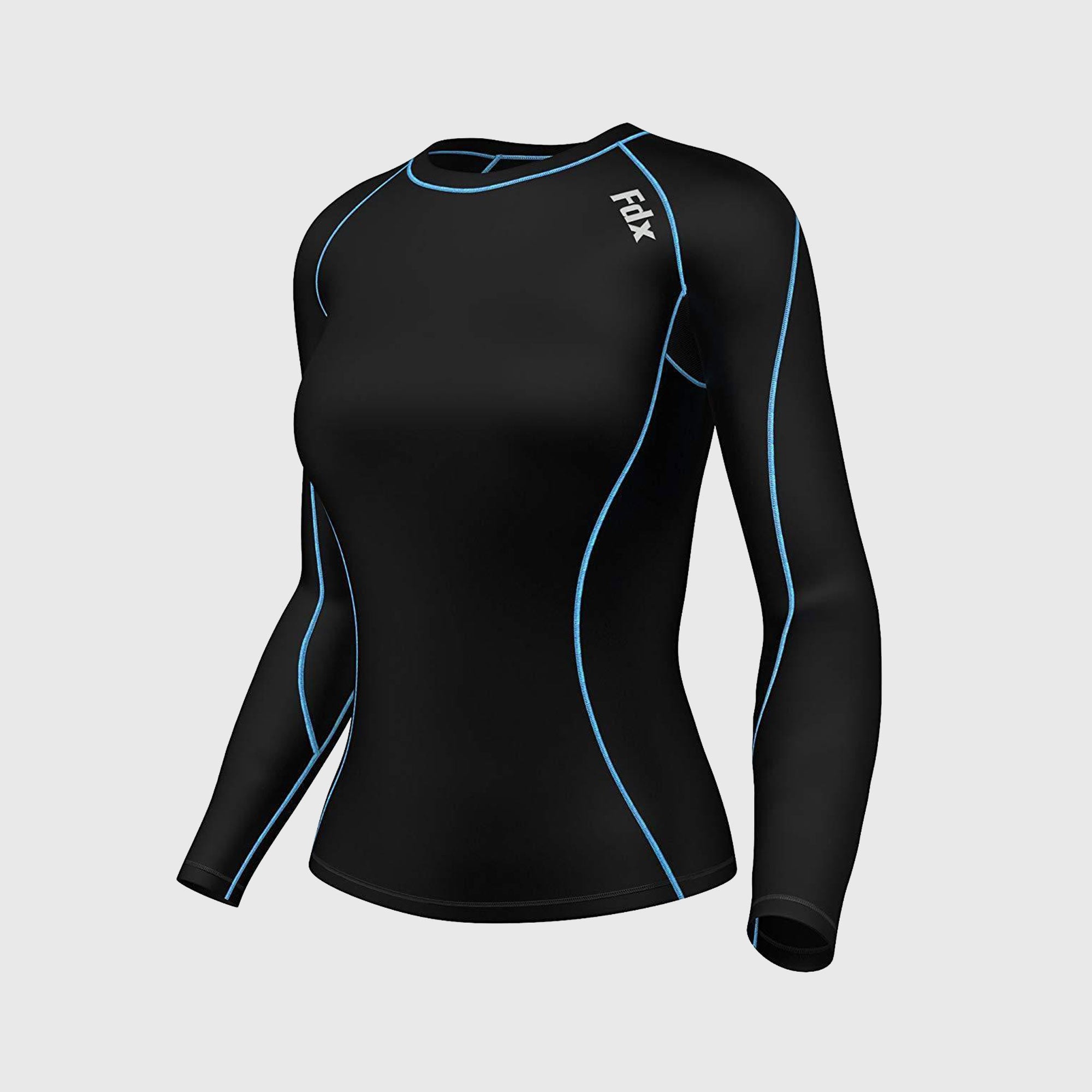 Fdx Women's Black & Sky Blue Long Sleeve Compression Top & Compression Tights Base Layer Gym Training Jogging Yoga Fitness Body Wear - Monarch