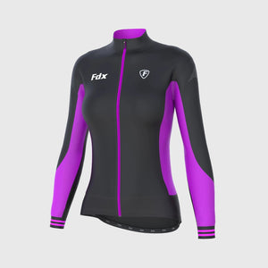 Fdx Women's Purple & Black & Black Full Sleeve Cycling Jersey & Gel Padded Bib Pants for Winter Bike Wear Windproof, Hi-viz Reflectors & Pockets - Thermodream