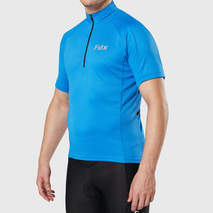 Fdx Mens Blue Short Sleeve Cycling Jersey for Summer Best Road Bike Wear Top Light Weight, Half Zipper, Pockets & Hi-viz Reflectors - Pace