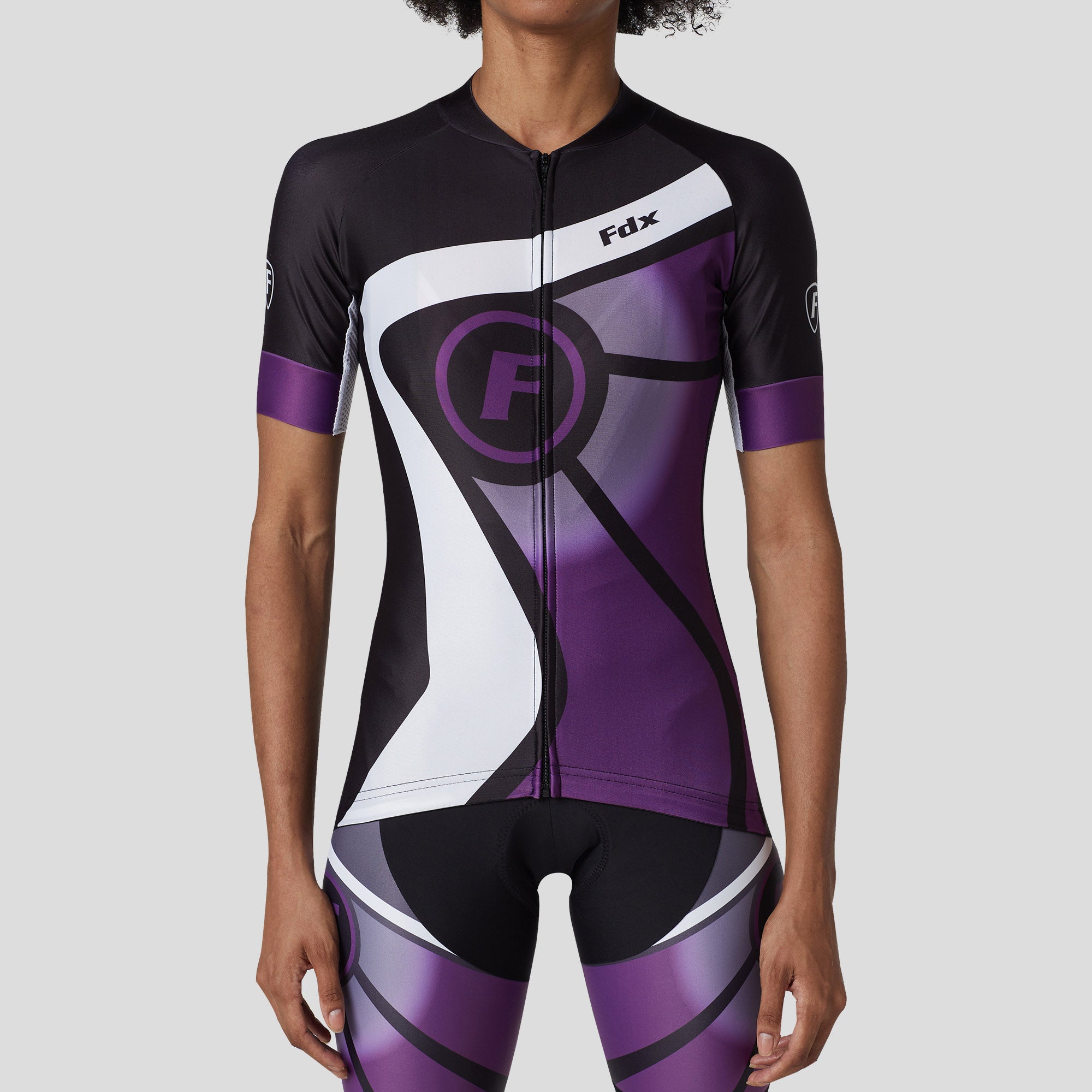 Fdx Women's Black & Purple Short Sleeve Cycling Jersey for Summer Best Road Bike Wear Top Light Weight, Full Zipper, Pockets & Hi viz Reflectors - Signature