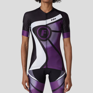 Fdx Women's Purple & Black Short Sleeve Cycling Jersey Breathable Quick Dry Mesh Fleece Full Zip Hi Viz Reflectors & Pockets Summer Cycling Gear UK