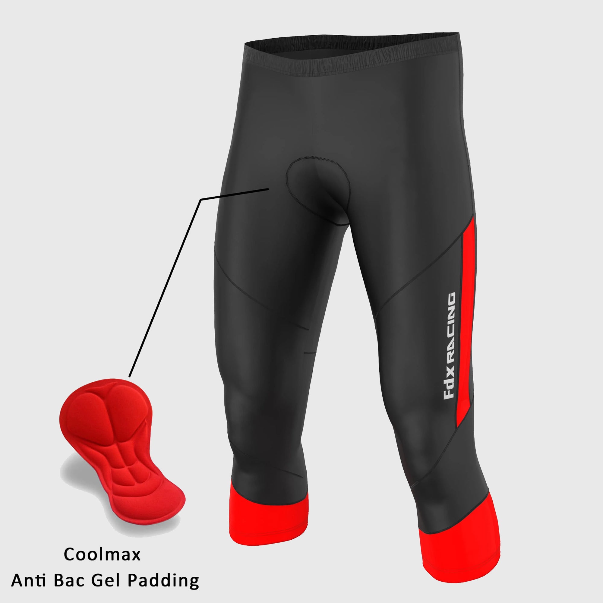 Fdx Mens Black & Red Gel Padded 3/4 Cycling Shorts for Summer Best Outdoor Knickers Road Bike Short Length Pants - Gallop