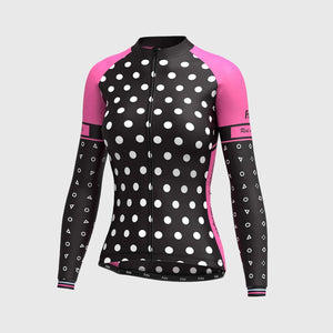Fdx Women's Long Sleeve Cycling Jersey  Black & Pink Gel Padded Bib Tights Pants for Winter Roubaix Thermal Fleece Road Bike Wear Windproof, Hi-viz Reflectors & Pockets - Polka Dots UK