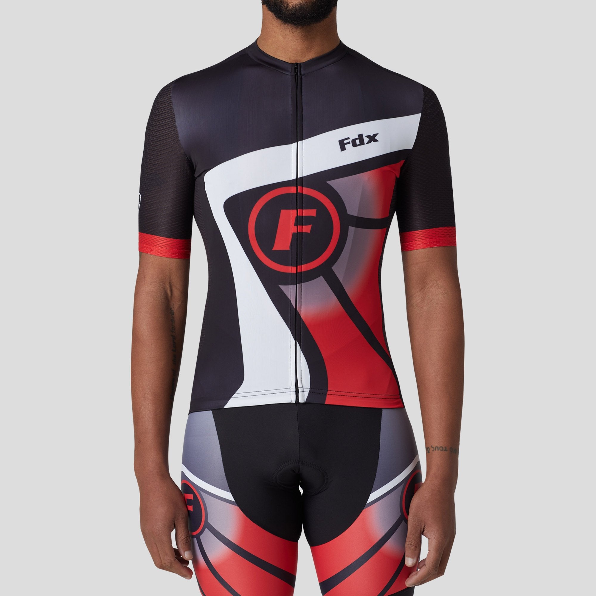 Fdx Mens Black & Red Short Sleeve Cycling Jersey for Summer Best Road Bike Wear Top Light Weight, Full Zipper, Pockets & Hi-viz Reflectors - Signature