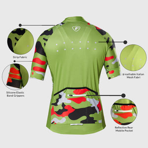 Fdx Mens Reflective Green Short Sleeve Cycling Jersey & Gel Padded Bib Shorts Best Summer Road Bike Wear Light Weight, Hi-viz Reflectors & Pockets - Camouflage