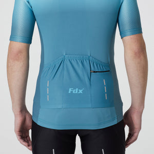 Fdx Mens Storage Pockets Blue Short Sleeve Cycling Jersey for Summer Best Road Bike Wear Top Light Weight, Full Zipper, Hi-viz Reflectors - Duo