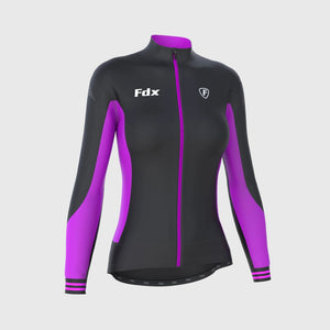 Fdx Women's Black & Purple Long Sleeve Cycling Jersey & Gel Padded Bib Tights for Winter Roubaix Thermal Fleece Road Bike Wear Windproof, Hi-vis Reflectors & Pockets - Thermodream