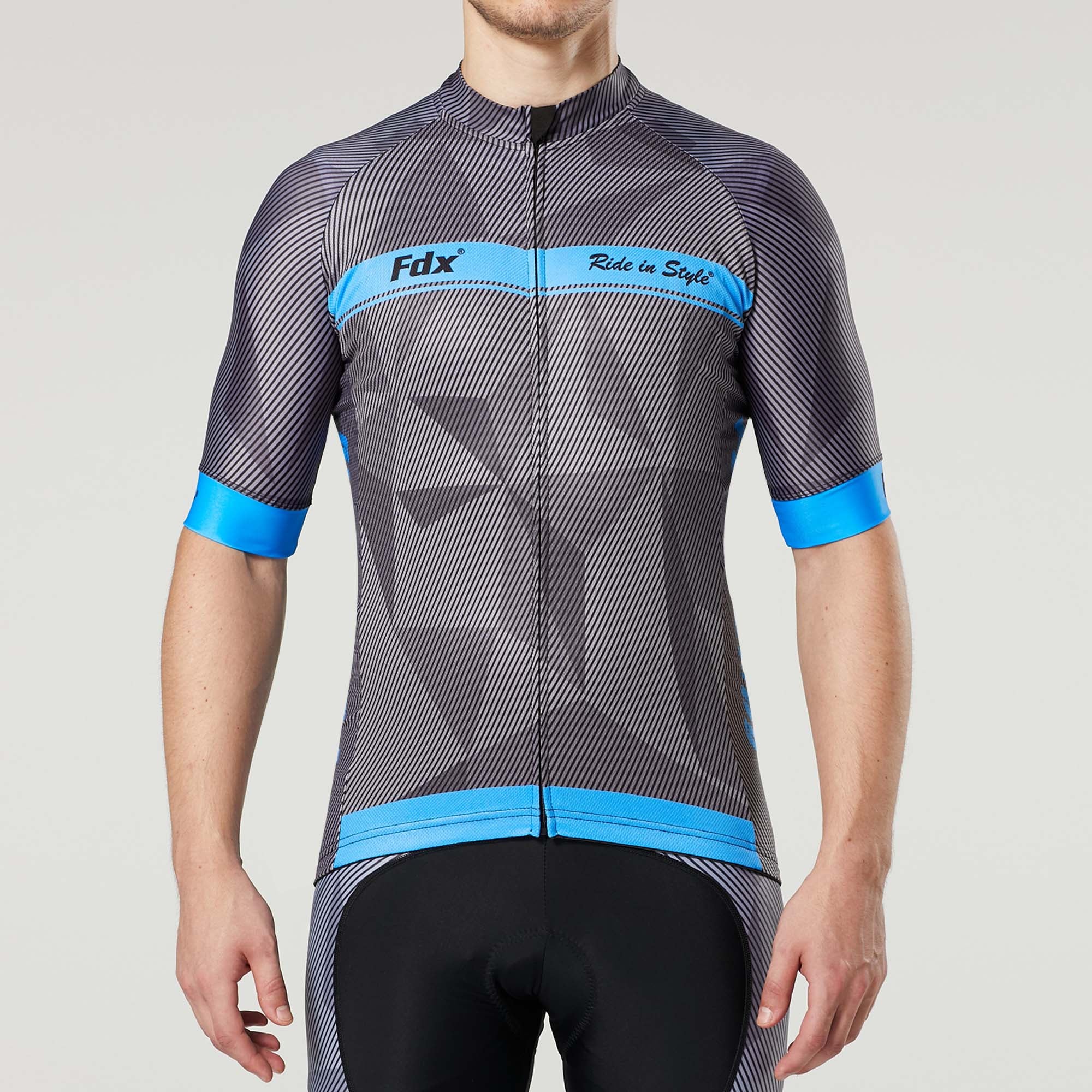 Fdx Mens Blue Short Sleeve Cycling Jersey for Summer Best Road Bike Wear Top Light Weight, Full Zipper, Pockets & Hi-viz Reflectors - Splinter