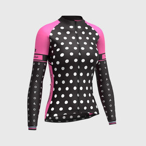 Women's Black & Pink Long Sleeve Cycling Jersey & Gel Padded Bib Tights Pants for Winter Roubaix Thermal Fleece Road Bike Wear Windproof, Hi-viz Reflectors & Pockets - Polka Dots