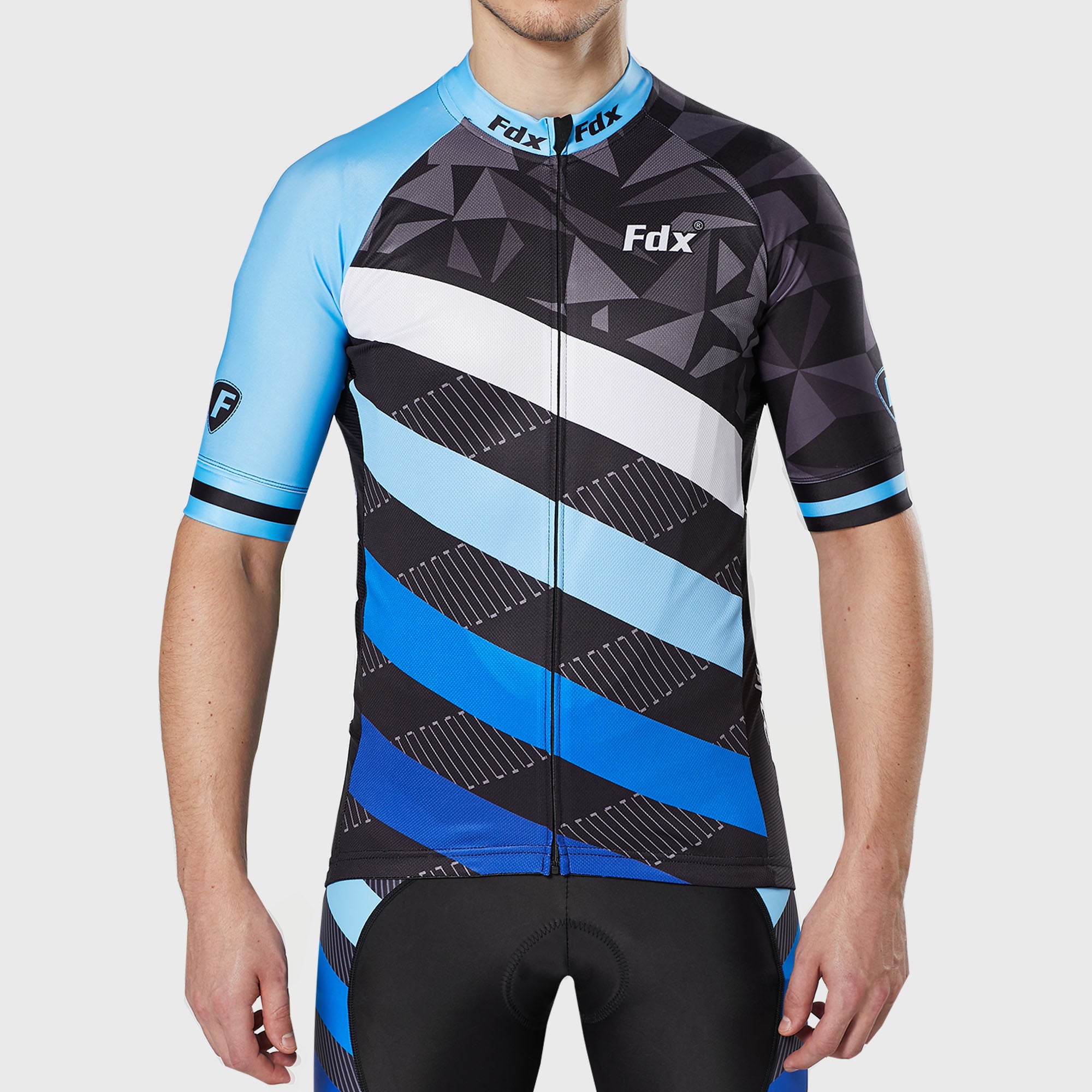 Fdx Mens Blue & Black Short Sleeve Cycling Jersey for Summer Best Road Bike Wear Top Light Weight, Full Zipper, Pockets & Hi-viz Reflectors - Equin
