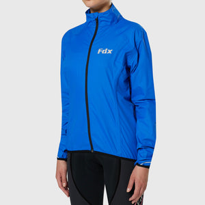 FDX Blue cycling jacket Women’s waterproof breathable MTB rain top, quick dry packable lightweight reflective rain jacket for riding running training