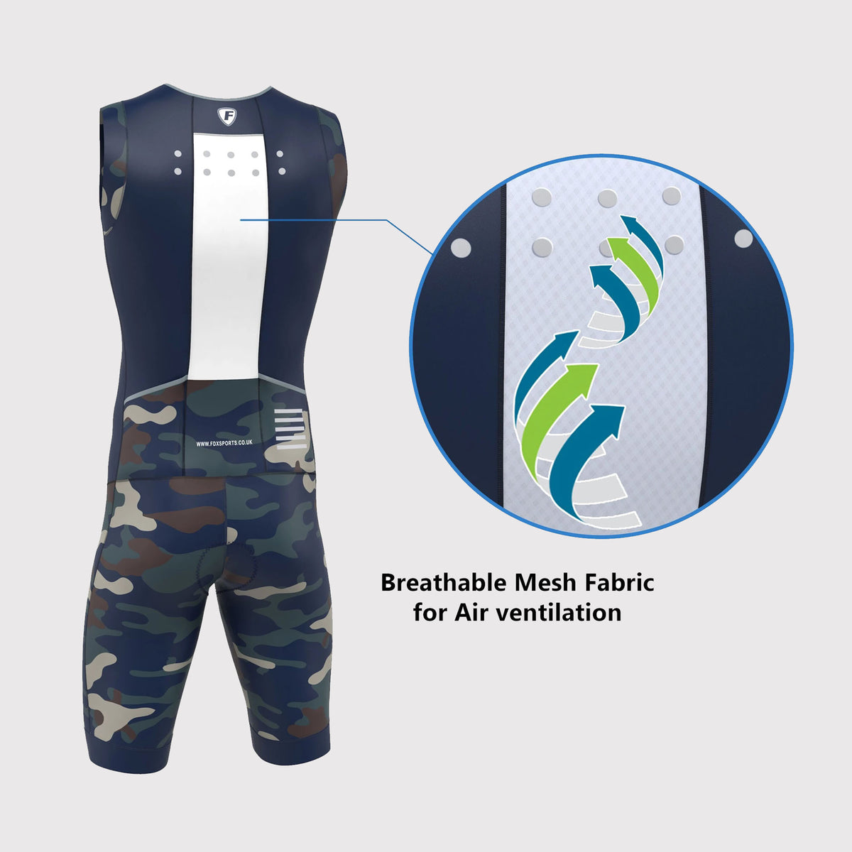 Fdx Mens Navy Blue Sleeveless Gel Padded Triathlon / Skin Suit for Summer Cycling Wear, Running & Swimming Half Zip - Camouflage