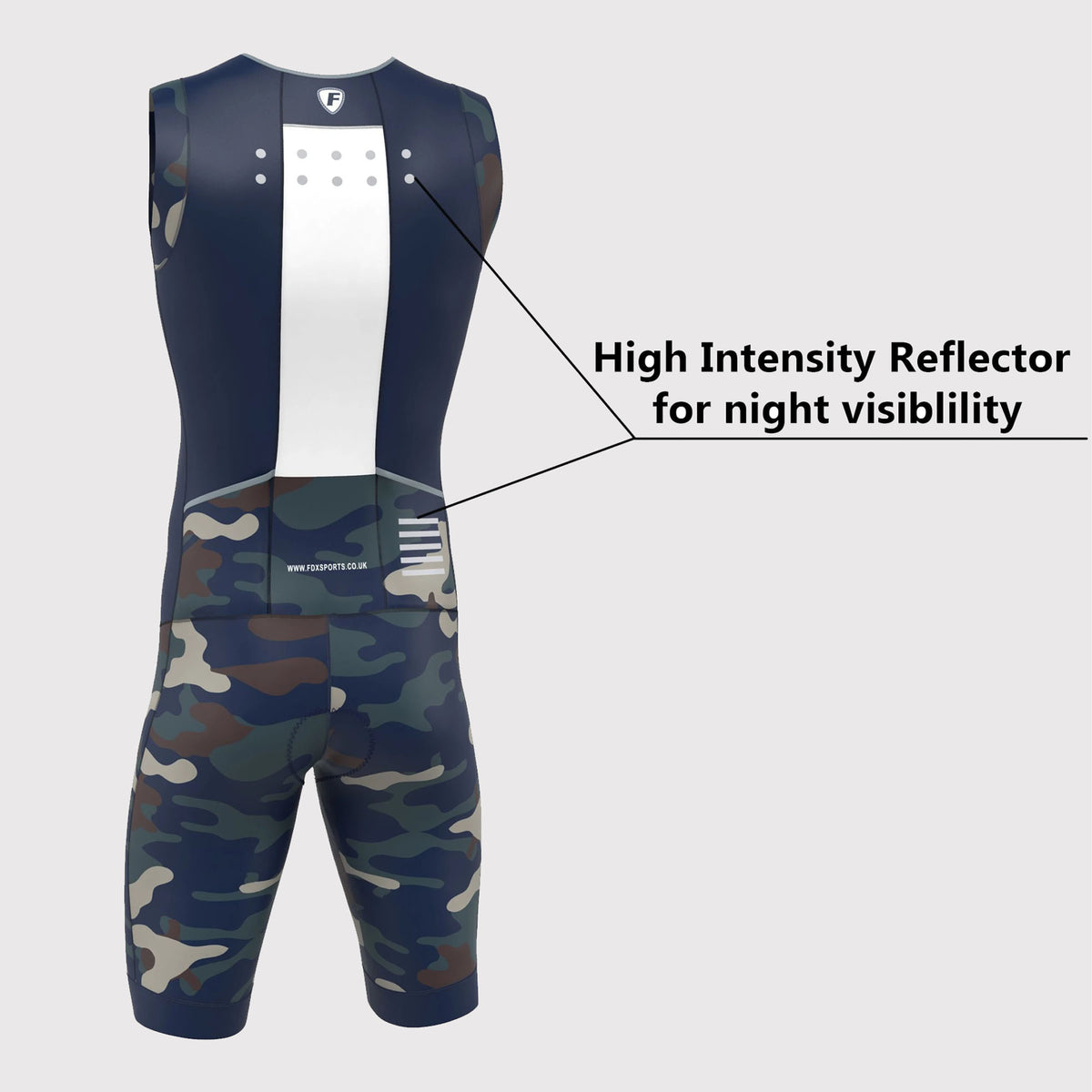 Fdx Mens Navy Blue Sleeveless Gel Padded Triathlon / Skin Suit for Summer Cycling Wear, Running & Swimming Half Zip - Camouflage