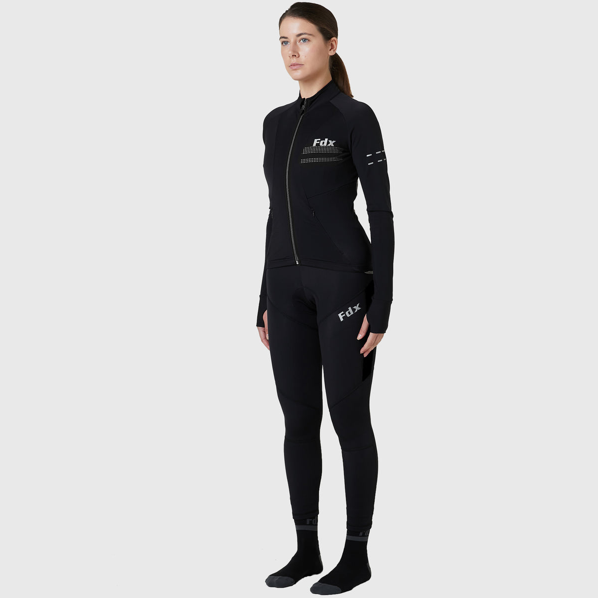 Women's Black Long Sleeve Cycling Jersey with thumb whole & Gel Padded Bib Tights Pants for Winter Roubaix Thermal Fleece Road Bike Wear Windproof, Hi vis Reflectors & Pockets - Arch