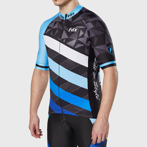 Fdx Short Sleeve Cycling Jersey for Mens Blue & Black Summer Best Road Bike Wear Top Light Weight, Full Zipper, Pockets & Hi-viz Reflectors - Equin