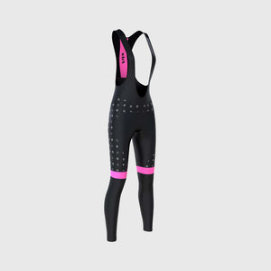 Fdx Women's Black & Pink Gel Padded Bib Tights Pants for Winter Roubaix Thermal Fleece Road Bike Wear Windproof, Hi-viz Reflectors & Pockets - UK 