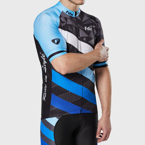 Fdx Mens Road Cycling Short Sleeve Jersey Blue & Black for Summer Best Road Bike Wear Top Light Weight, Full Zipper, Pockets & Hi-viz Reflectors - Equin