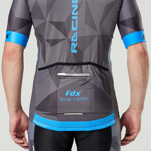 Fdx Mens Pockets Summer Cycling Jersey Blue & Grey Best Road Bike Wear Top Light Weight, Full Zipper, Pockets & Hi-viz Reflectors - Splinter