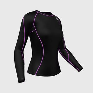 Fdx Women's Long Sleeve Compression Top Black & Purple Base Layer Gym Training Jogging Yoga Fitness Body Wear - Monarch