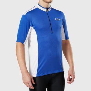 Fdx Short Sleeve Cycling Jersey for Mens Blue & White Summer Best Road Bike Wear Top Light Weight, Full Zipper, Pockets & Hi-viz Reflectors - Vertex