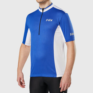 Fdx Mens Breathable Blue & White Short Sleeve Cycling Jersey for Summer Best Road Bike Wear Top Light Weight, Full Zipper, Pockets & Hi-viz Reflectors - Vertex