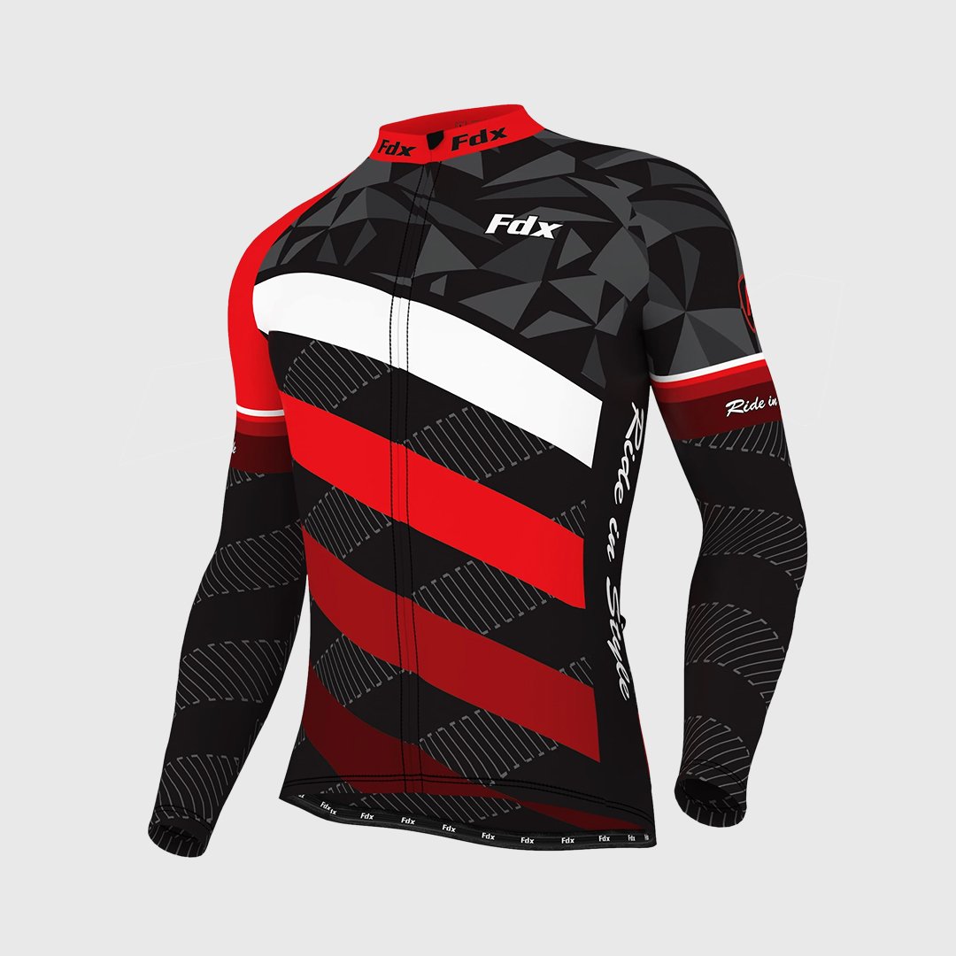 Fdx Mens Black & Red Long Sleeve Cycling Jersey for Winter Roubaix Thermal Fleece Road Bike Wear Top Full Zipper, Pockets & Hi-viz Reflectors - Equin