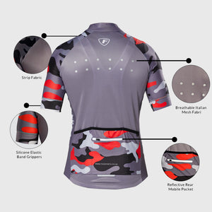 Fdx Mens Reflective Short Sleeve Cycling Jersey Grey for Summer Best Road Bike Wear Top Light Weight, Full Zipper, Pockets & Hi-viz Reflectors - Camouflage