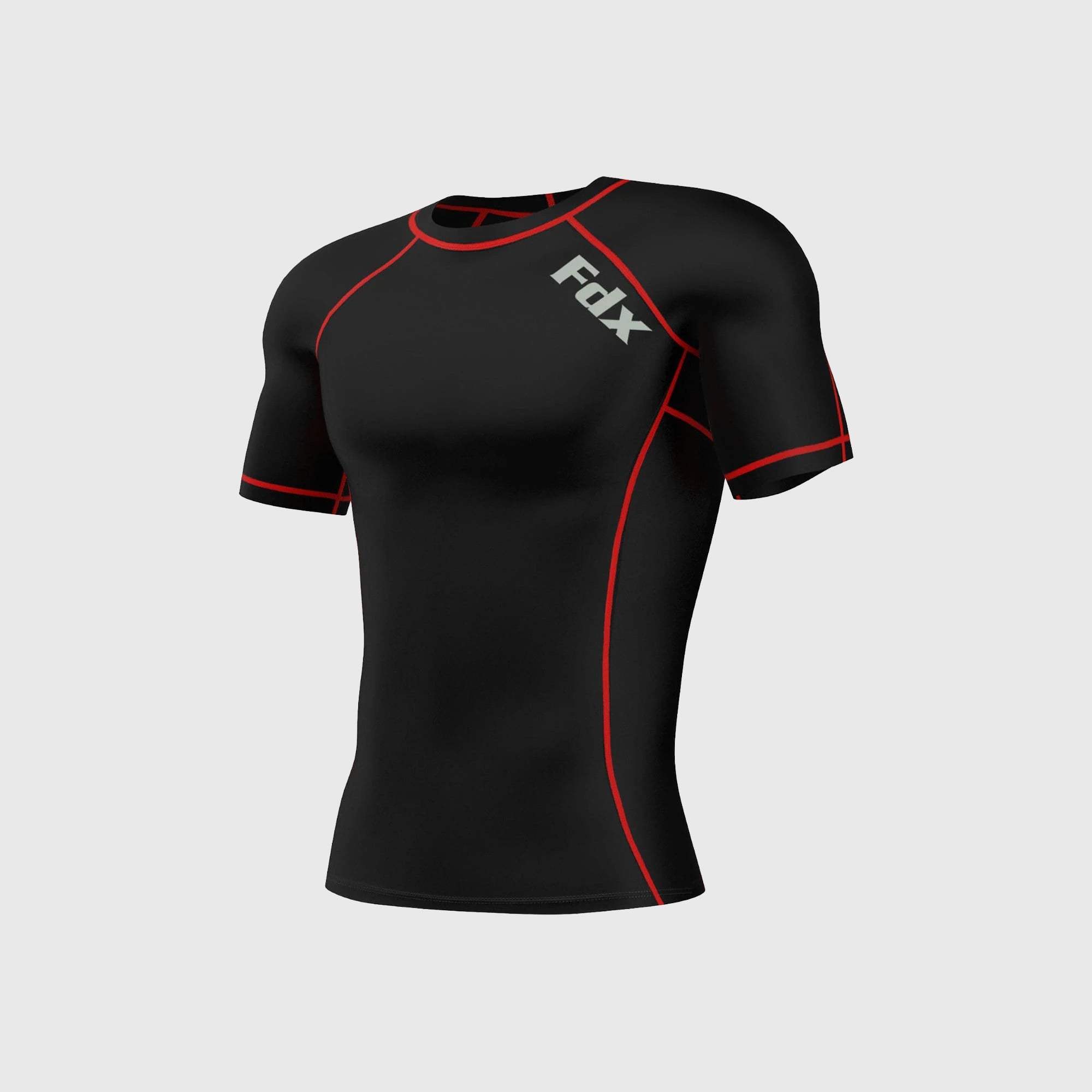 Fdx Mens Black & Red Short Sleeve Compression Top Running Gym Workout Wear Rash Guard Stretchable Breathable - Cosmic