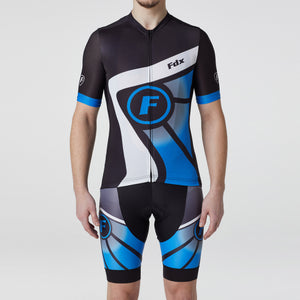 Fdx Mens Blue & Black Half Sleeve Cycling Jersey & Gel Padded Bib Shorts Best Summer Road Bike Wear Light Weight, Hi-viz Reflectors & Pockets - Signature