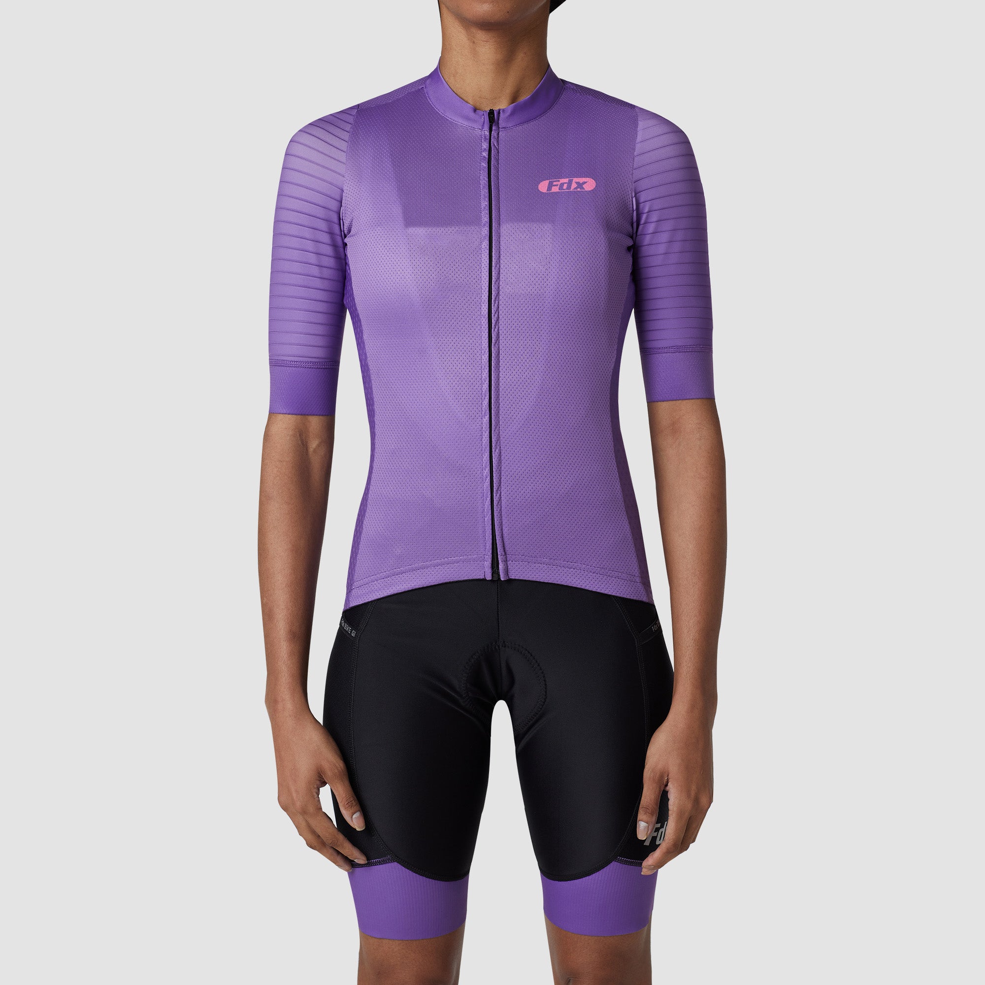 Fdx Womens Purple Short Sleeve Cycling Jersey & Gel Padded Bib Shorts Best Summer Road Bike Wear Light Weight, Hi-viz Reflectors & Pockets - Essential