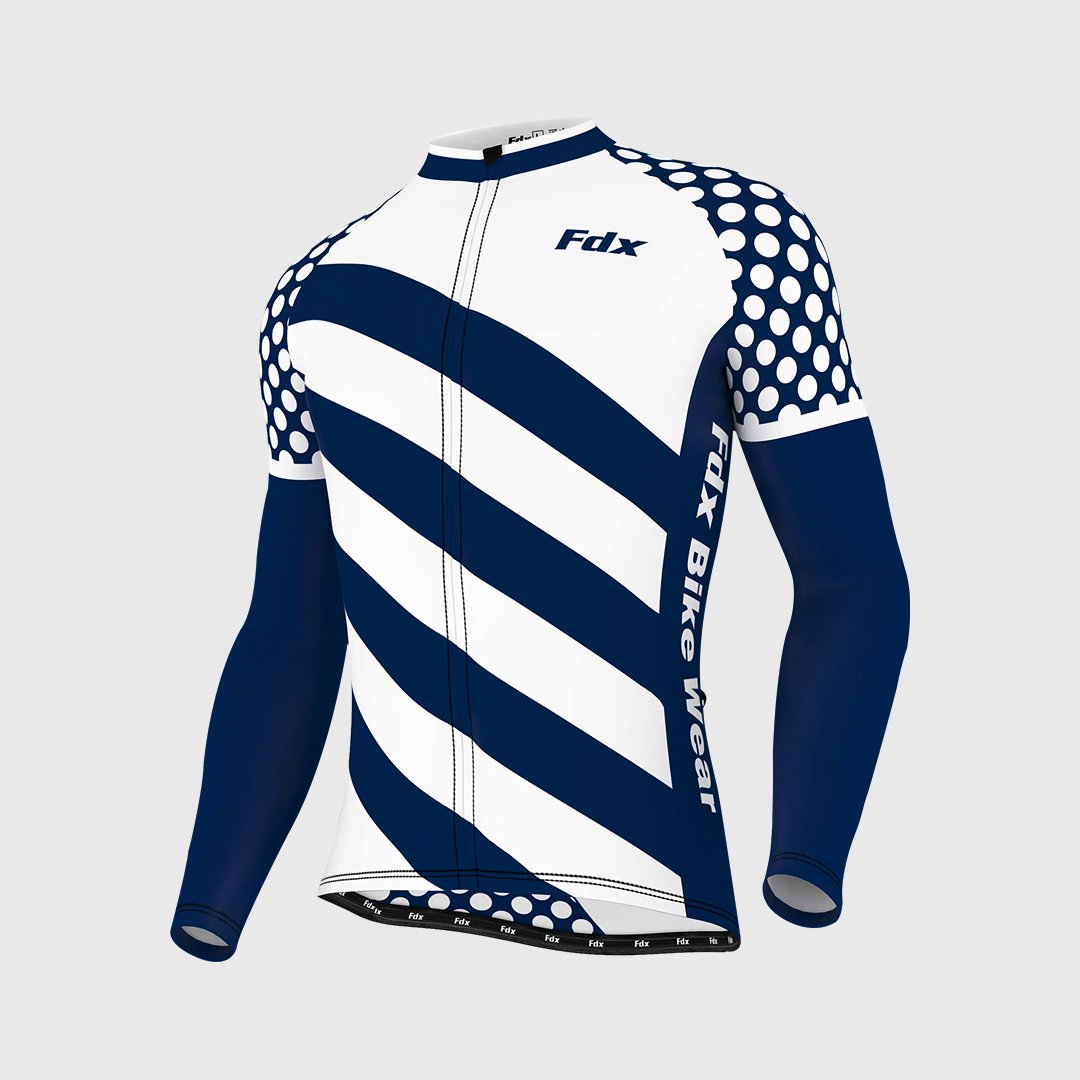 Fdx Mens White & Blue Long Sleeve Cycling Jersey for Winter Roubaix Thermal Fleece Road Bike Wear Top Full Zipper, Pockets & Hi-viz Reflectors - Equin