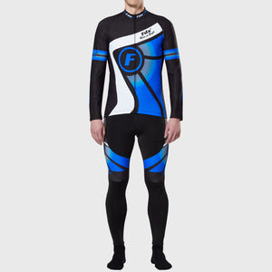 Fdx Men's Black & Blue Long Sleeve Cycling Jersey & Gel Padded Bib Tights Pants for Winter Roubaix Thermal Fleece Road Bike Wear Windproof, Hi-viz Reflectors & Pockets - Signature