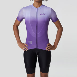 Fdx Women's Purple Short Sleeve Cycling Jersey & 3D Cushion Padded Bib Shorts Best Summer Road Bike Wear Light Weight, Hi viz Reflectors & Pockets - Duo