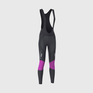 Fdx Womens Black & Purple Gel Padded Cycling Bib Tights For Winter Roubaix Thermal Fleece Reflective Strips Warm Leggings - Thermodream Bike Pants