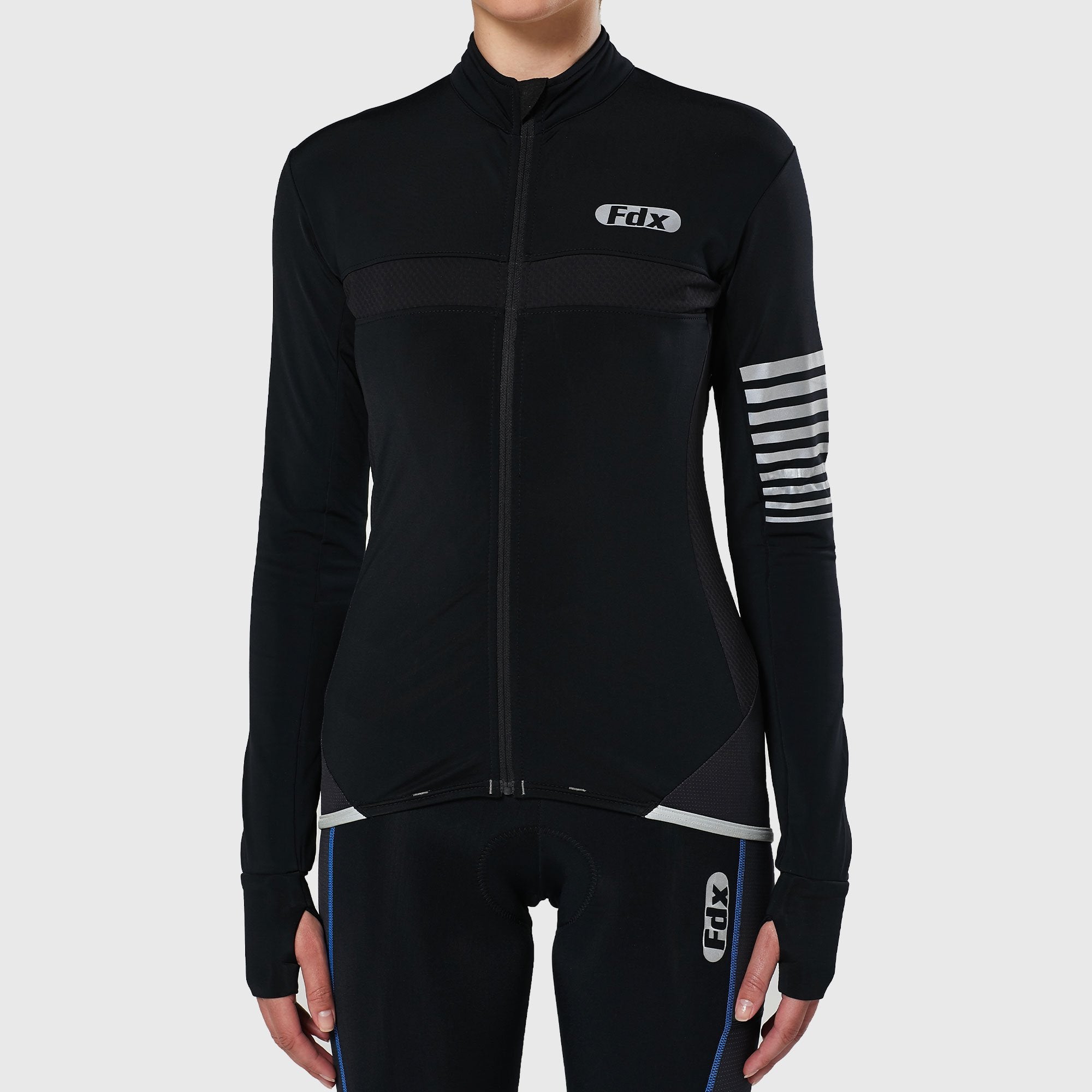 Fdx Women's Black Long Sleeve Cycling Jersey & Gel Padded Bib Tights Pants for Winter Roubaix Thermal Fleece Road Bike Wear Windproof, Hi-viz Reflectors & Pockets - All Day