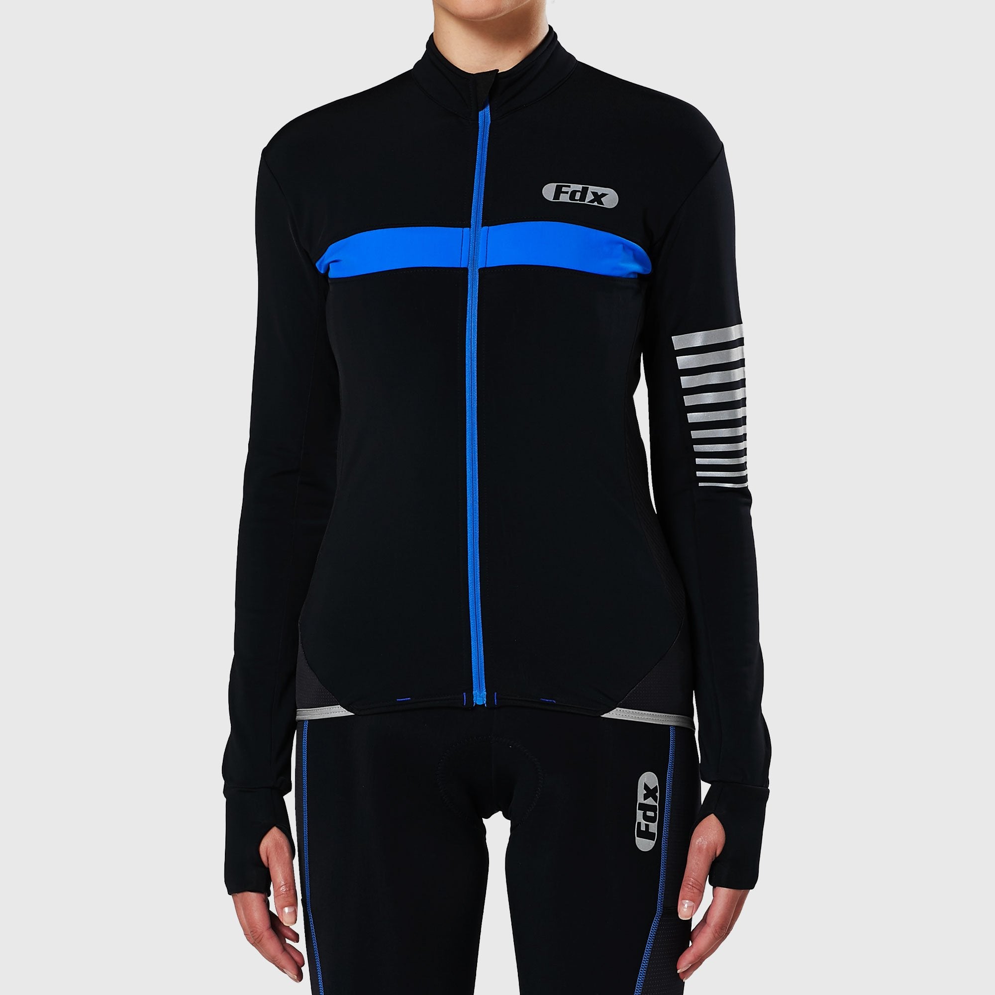 Fdx Women's Black & Blue Long Sleeve Cycling Jersey & Gel Padded Bib Tights Pants for Winter Roubaix Thermal Fleece Road Bike Wear Windproof, Hi-viz Reflectors & Pockets - All Day