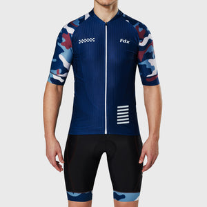Fdx Mens Blue Half Sleeve Cycling Jersey & Gel Padded Bib Shorts Best Summer Road Bike Wear Light Weight, Hi-viz Reflectors & Pockets - Camouflage