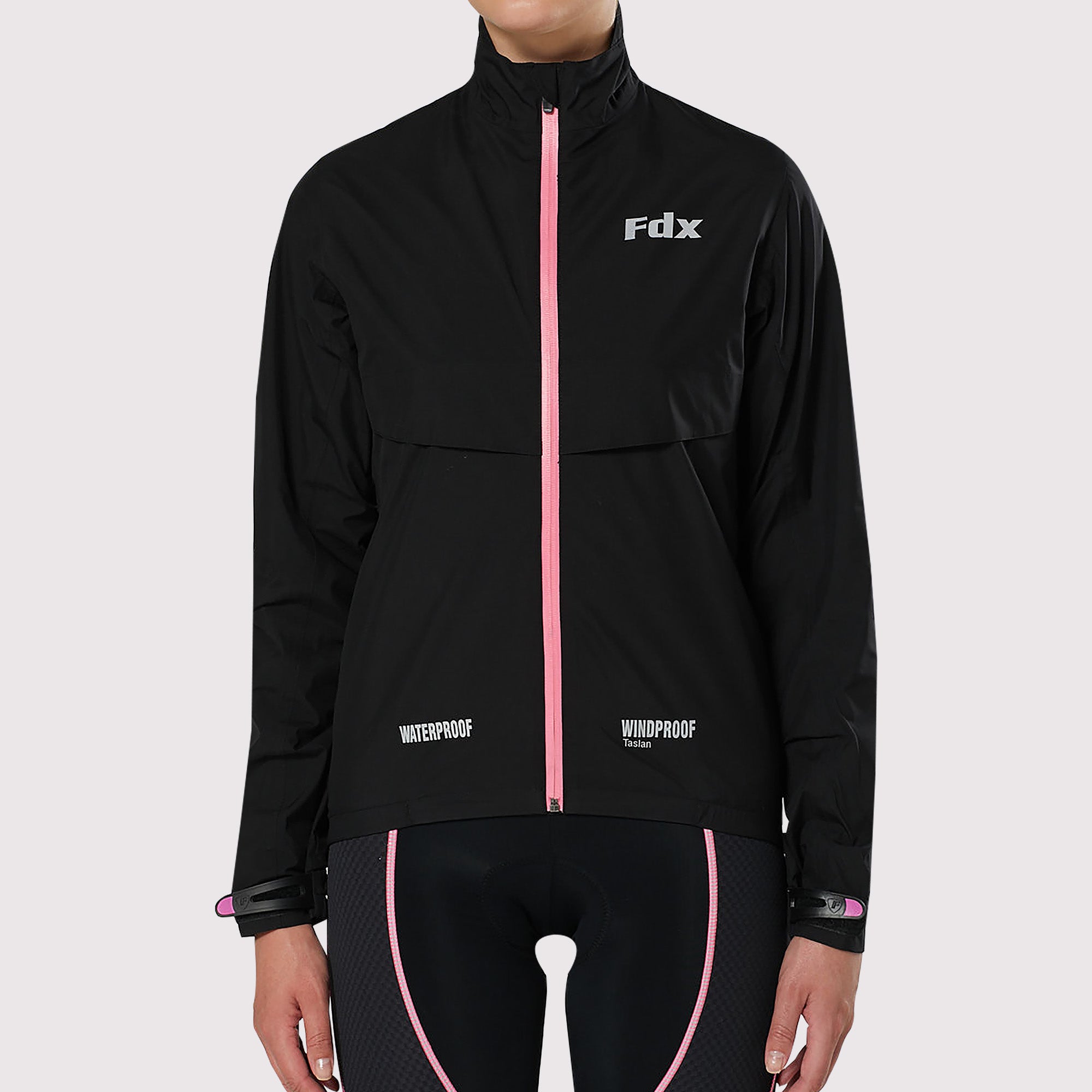 FDX Women Best Black & Pink Cycling Jacket Waterproof, Full Length Zip, hi viz reflective details velcro strips Windbreaker & Pocket - Evex