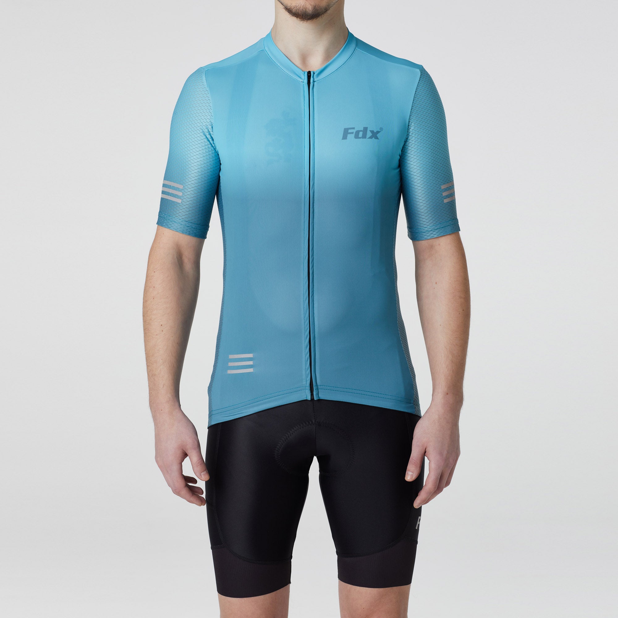 Fdx Mens Blue Short Sleeve Cycling Jersey & Gel Padded Bib Shorts Best Summer Road Bike Wear Light Weight, Hi-viz Reflectors & Pockets - Duo