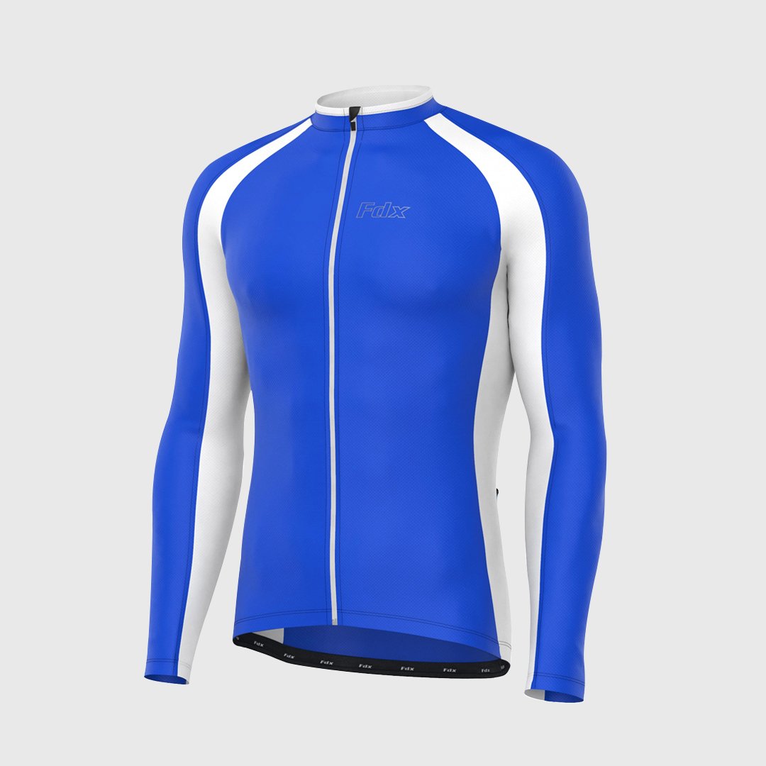 Fdx Mens Blue & White Long Sleeve Cycling Jersey for Winter Roubaix Thermal Fleece Road Bike Wear Top Full Zipper, Pockets & Hi-viz Reflectors - Transition