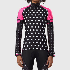 Women’s Black & Pink full sleeves cycling jersey windproof warm Roubaix winter biking top, lightweight long sleeves thermal fleece shirt for bike riding