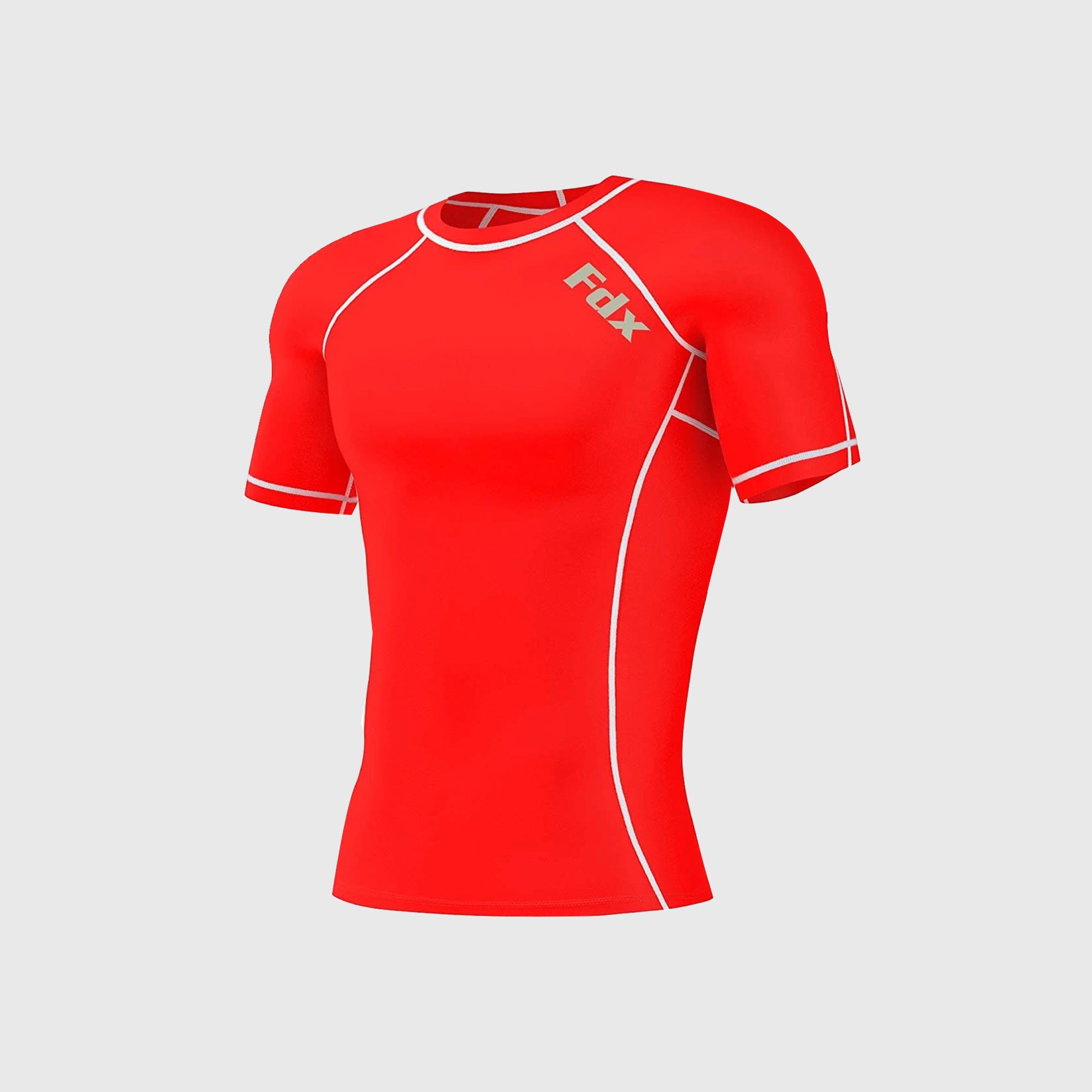 Fdx Mens Red Short Sleeve Compression Top Running Gym Workout Wear Rash Guard Stretchable Breathable - Aeroform