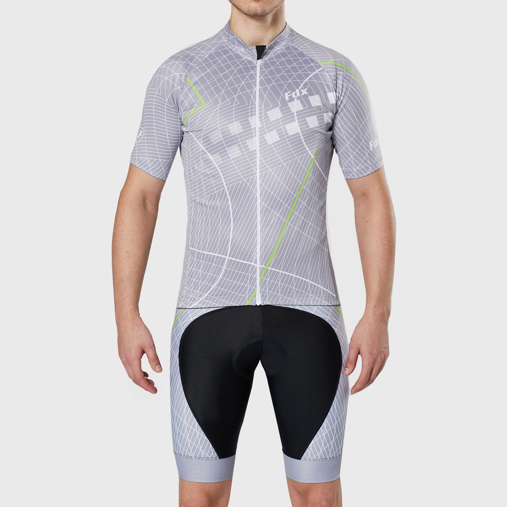 Fdx Mens Blue Grey Sleeve Cycling Jersey & Gel Padded Bib Shorts Best Summer Road Bike Wear Light Weight, Hi-viz Reflectors & Pockets - Classic II