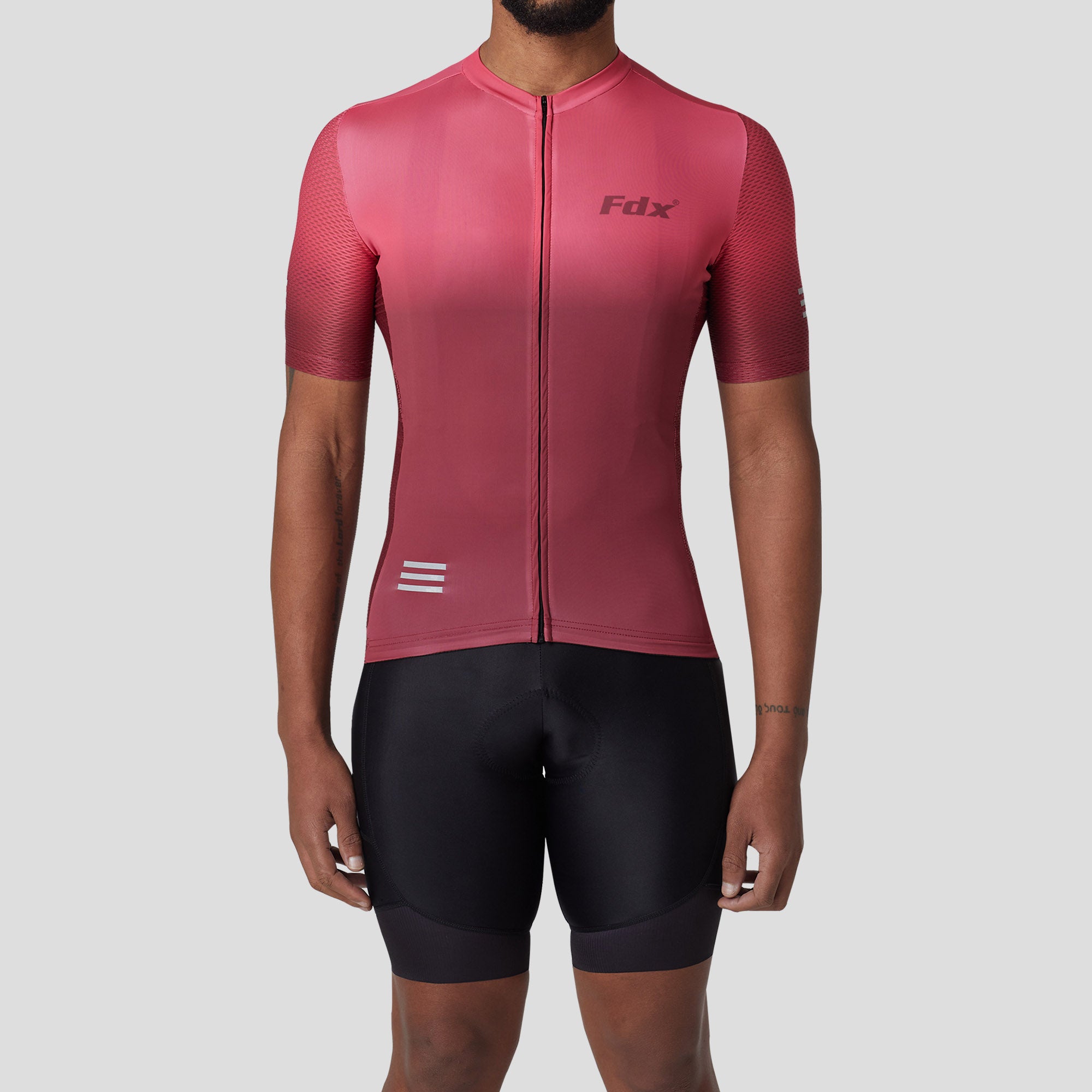 Fdx Mens Pink & Maroon Short Sleeve Cycling Jersey & Gel Padded Bib Shorts Best Summer Road Bike Wear Light Weight, Hi-viz Reflectors & Pockets - Duo
